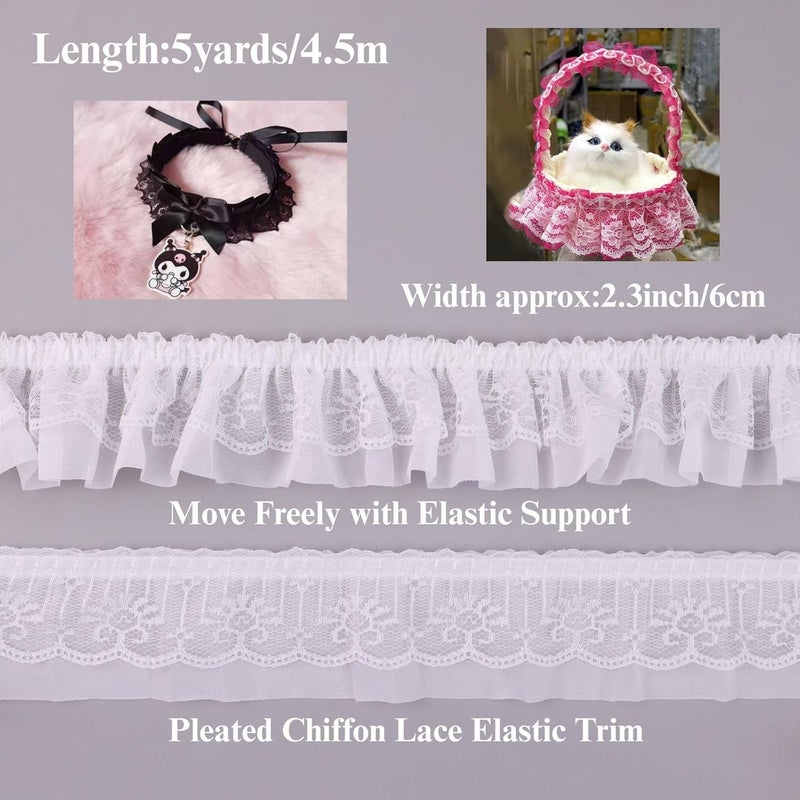 GXTIZAS White Lace Ruffle Ribbon Double-Layer Pleated Chiffon 6cm Wide Lace Elastic Trim Wrinkle-Free Boxed for DIY Sewing, Clothing, Pillowcase Decoration(5yards) - Image 3